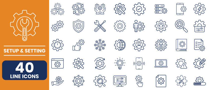 Setting & Setup Line Icons Set. Configuration, Options, Settings and Control. Editable Stroke Vector Illustration