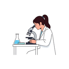 Scientist Woman Examining Sample Under Microscope in Laboratory
