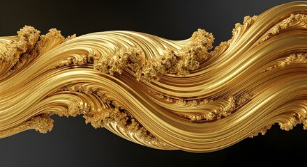 Abstract visualization of a magnificent three dimensional golden wave structure flowing dynamically across a dark background with richly textured peaks suggesting wealth and luxury.