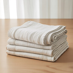 Folded linen blankets stacked neatly on a light wooden surface