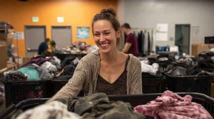 Caucasian female adult smile sorting clothes at donation center.