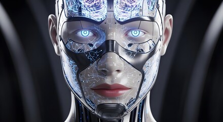 Hyperdetailed close up portrait of a beautiful futuristic android woman with glowing blue cybernetic eyes and intricate circuit patterns illuminating her metallic faceplate