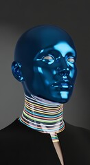 Glossy blue mannequin head with striped collar against a gray background