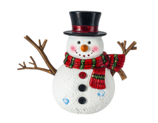 A festive snowman with a top hat, scarf, and twig arms