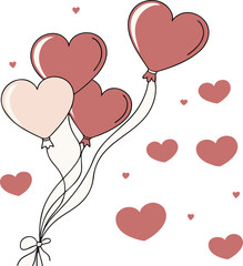 Romantic heart-shaped balloons bunch with flying hearts background.