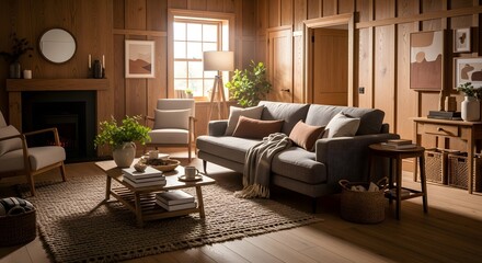 Obraz premium Cozy modern living room featuring warm wood paneling a comfortable gray sofa and natural light streaming through the window
