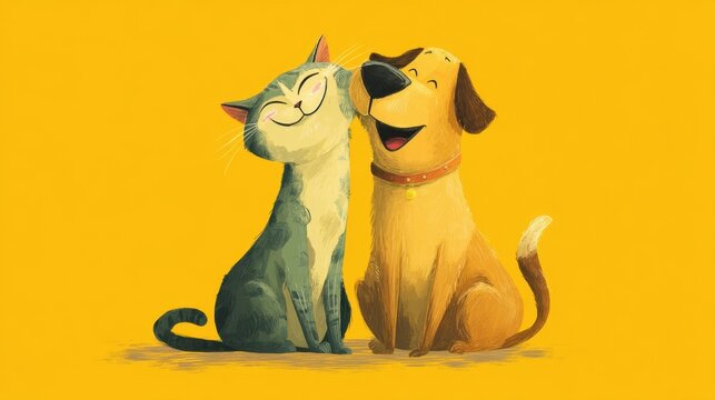 Playful cat and dog friendship on bright yellow background.