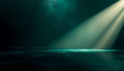 Emerald Spotlight on Dark Abstract Stage with Reflective Floor