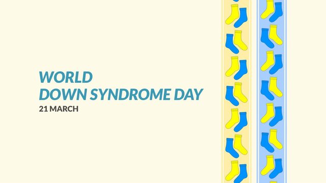 Animation with a World Down Syndrome Day theme featuring text and several pairs of mismatched socks. Blue and yellow socks. simple animation. motion graphic.