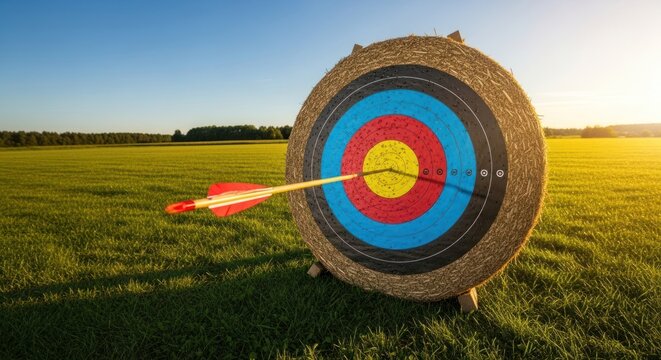 Sunset Archery Target on Open Field for Practice and Skills Demonstration.
