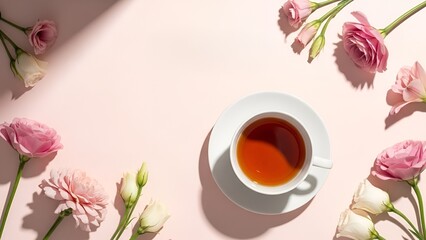 Flat Lay of a Cup of Tea Surrounded by Elegant Pink and White Flowers