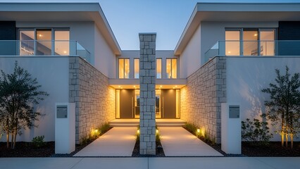 Symmetrical Modern Duplex House Exterior with Evening Illumination