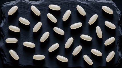 A dramatic closeup of uncooked white rice grains on dark slate surface