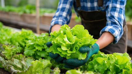 Fresh organic farm produce harvested with care, faceless hands picking vibrant green lettuce, sustainable agriculture, healthy living beauty, with copy space