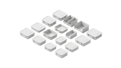 Isometric display of various white plastic storage containers and organization bins on a black background