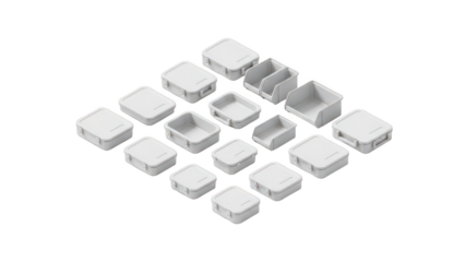 Isometric display of various white plastic storage containers and organization bins on a black background