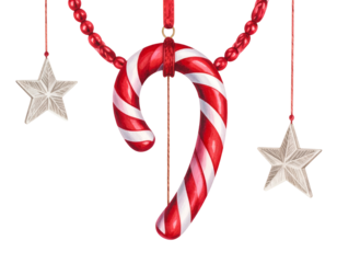 Festive candy cane and stars suspended from red beaded garland