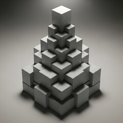 Obraz premium Abstract 3D geometric pyramid constructed from stacked cubes on a gradient background, minimalist design