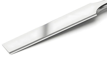 Close up view of a highly polished stainless steel scalpel blade extension showing sharp edge detail and metallic reflection against a stark white background