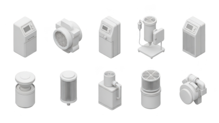 A collection of isometric industrial equipment components for manufacturing processes