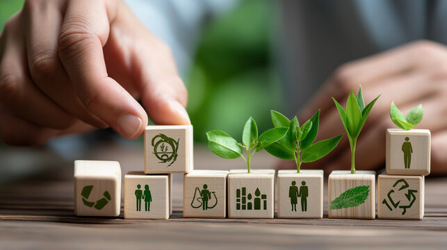 Sustainable living depicted wooden blocks, people and plants, eco-friendly choices emphasis, environmental responsibility, green lifestyle concept, with copy space