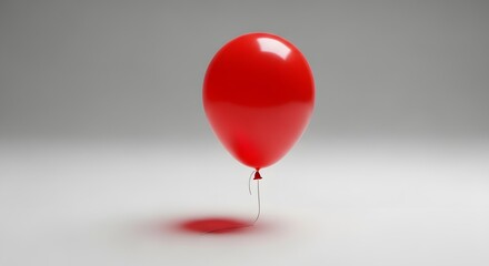 Single bright red glossy balloon floating just above a white surface casting a soft shadow and anchored by a thin string for celebration themes