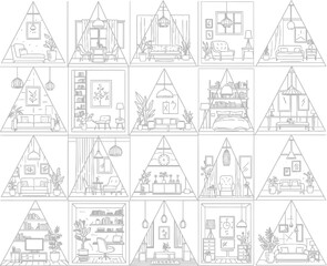Collection of diverse interior design sketches within triangular frames