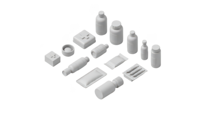 Isometric arrangement of pharmaceutical packaging containers and medical supplies on a black background