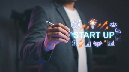 A businessman is visually presenting a startup concept with glowing icons and charts illustrating innovation strategy and future business growth ideas effectively