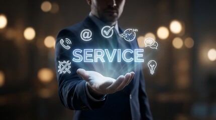 a man in a suit presents glowing service icons and the word service in a futuristic technological display with bokeh lights high quality