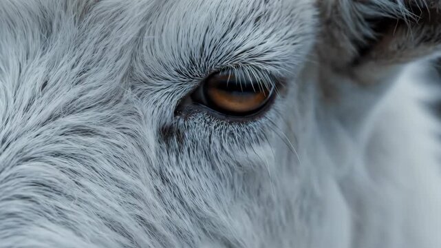 Close-up of a white calf's eyes with detailed fur and soft lighting.