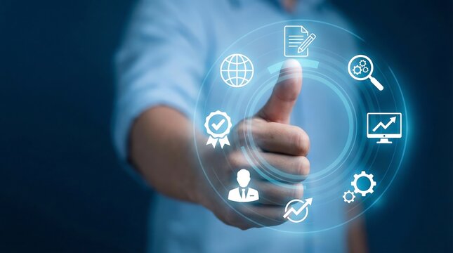 A person interacting with a futuristic digital interface displaying various technological icons symbolizing innovation and seamless connectivity in the modern world high quality - Powered by Adobe