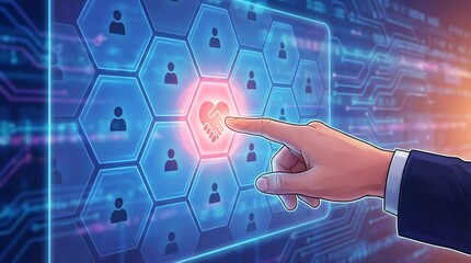 A hand is shown interacting with a digital interface selecting a highlighted person icon within a hexagonal grid network of silhouettes high quality