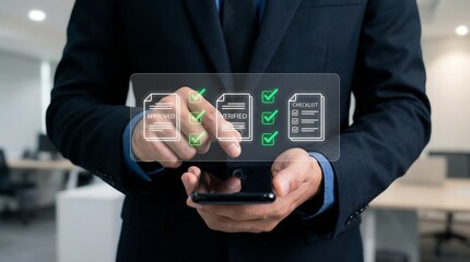 a professional man in a suit interacts with a transparent digital screen displaying checklists with green checkmarks symbolizing process completion and efficient workflow