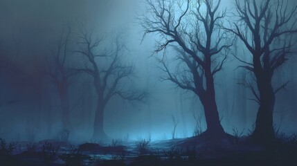 Obraz premium Mystical foggy forest with bare trees at twilight.