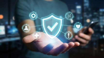 a man s hand displays a glowing blue digital shield with icons representing cybersecurity and data protection showcasing modern technology and safety measures