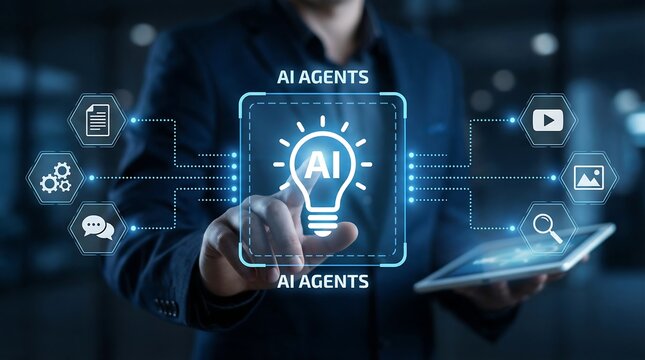 a person in a suit interacting with a digital tablet displaying ai agents and an illuminated lightbulb icon representing innovation high quality professional - Powered by Adobe