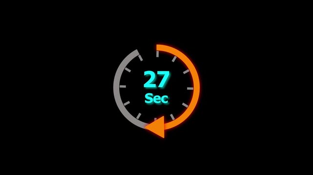 27 Second timer clock icon animation. arrow Clock 27-Second icon, Digital and analog clock 27 Second isolated black background.