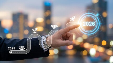 a hand is interacting with a futuristic digital interface showing a road to 2026 alongside growth symbols and a city skyline high quality