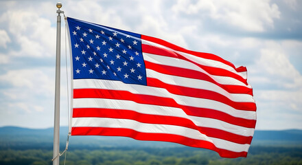American flag waving in wind with cloudy sky background