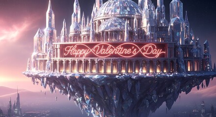 Majestic floating crystal castle illuminated at dusk displays a bright neon sign wishing everyone a happy valentine's day celebration