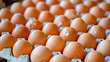 A close-up view of a carton filled with brown eggs. The eggs are arranged neatly, showcasing their smooth shells and varying shades of brown.