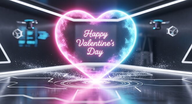 Glowing futuristic holographic heart displaying a happy valentine's day message in a dark technological environment with flying drones - Powered by Adobe