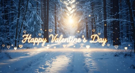 Glowing neon text wishes happy valentine's day amidst a serene sunlit winter forest path covered with fresh snow and floating hearts