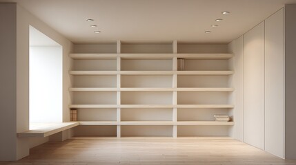 Minimalist Empty Room with Built-in Shelves and Natural Light
