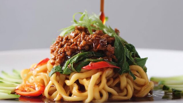 High-end restaurant presentation of Dan Dan Mian. Features artistic noodle nests with minced meat and chili threads on a modern platter with a clean chili oil or soy sauce pour.