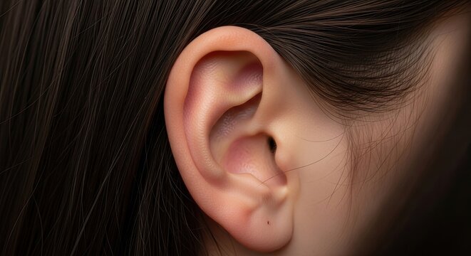 Detailed Digital Illustration Showcasing Human Ear With Natural Skin Texture And Hair Follicles Displaying Intricate Anatomical Features And Realistic Renderings On Dark Background