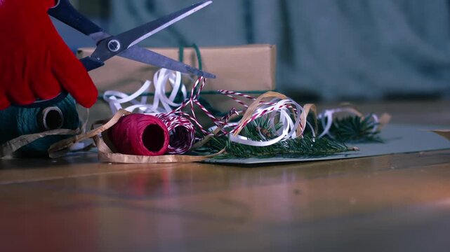 Hands with scissors on Christmas gift wrapping ribbon and string green background