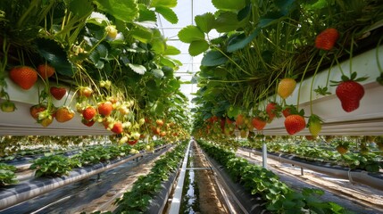 Vertical strawberry farm with ripe fruit and lush greenery.