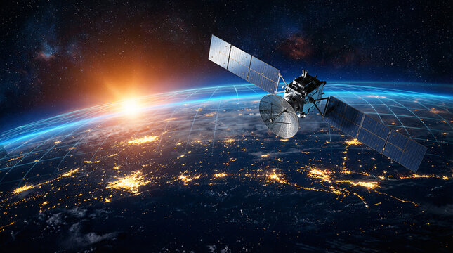 Satellite orbiting earth at sunset with solar panels grid network communication space exploration concept.